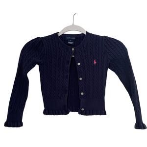 Ralph Lauren Girls Cardigan Sweater Dark Blue Cable Knit Kids Size 6